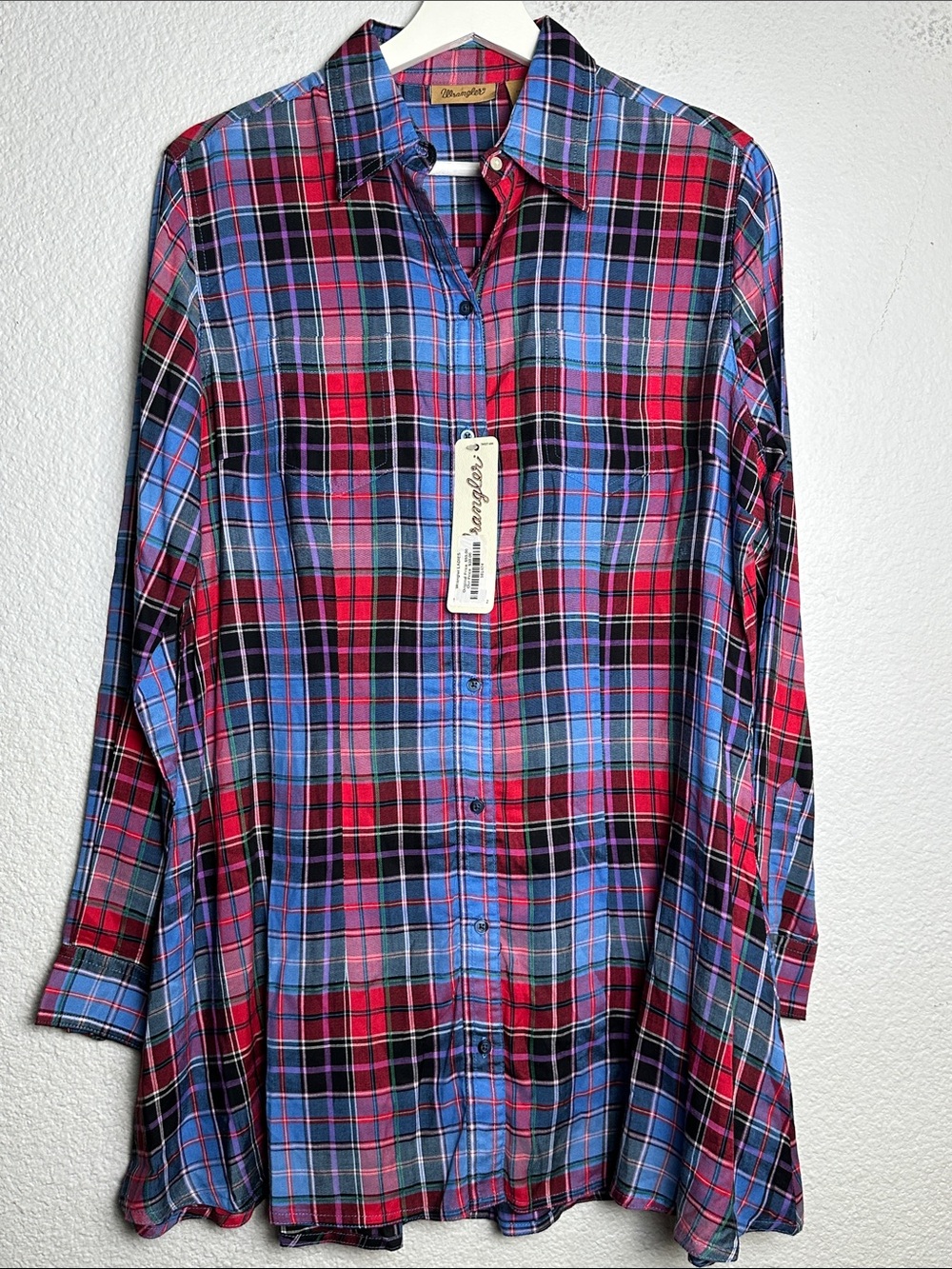 NEW Wrangler Plaid Button Down Mini Dress Tunic Top Rodeo Coastal Cowgirl Medium